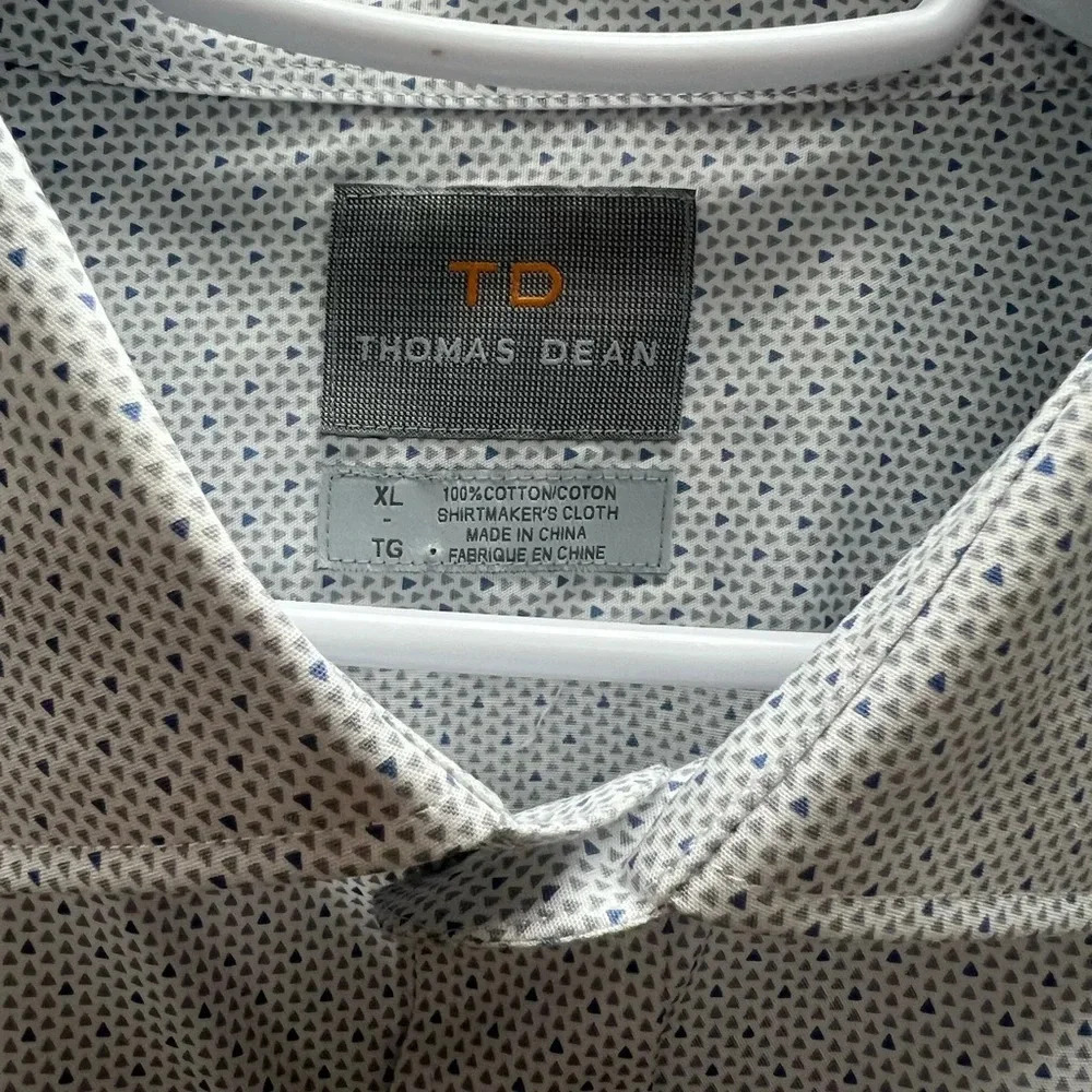 Thomas Dean Print Button Down White Grey Blue Dress Shirt Long Sleeve Mens - Picture 2 of 9